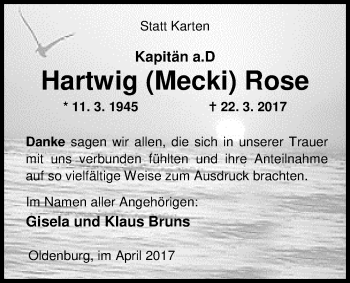 Traueranzeige von Hartwig Rose von Nordwest-Zeitung