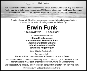Traueranzeige von Erwin Funk von Nordwest-Zeitung