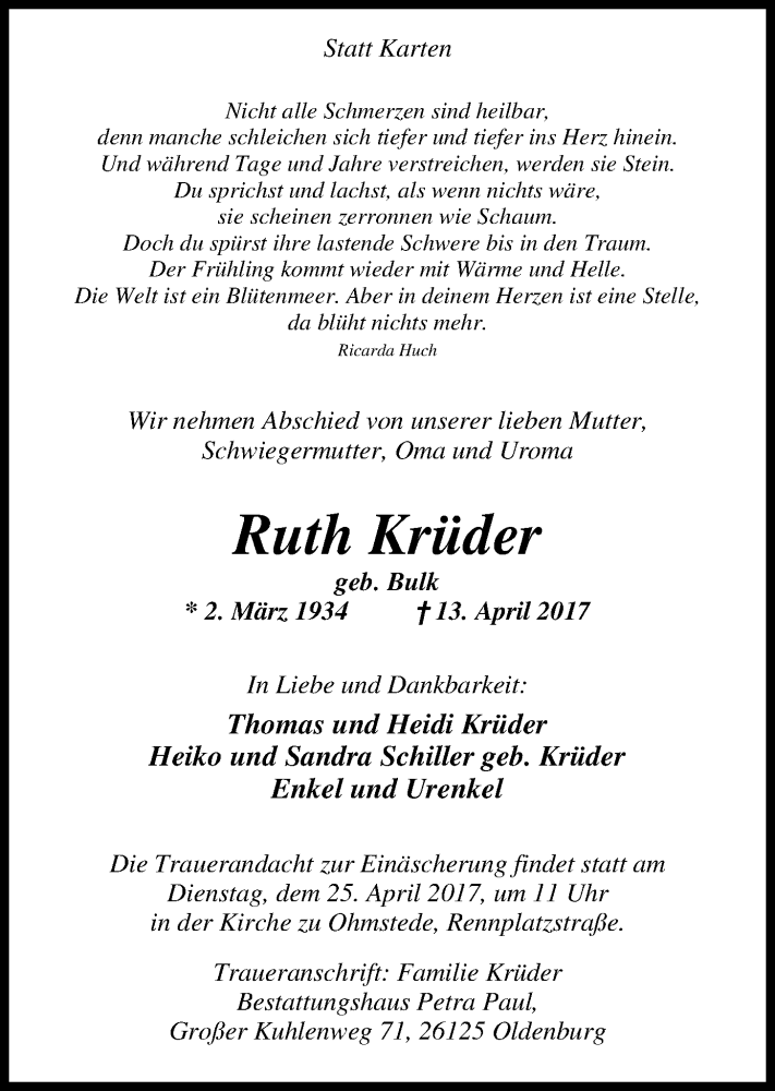 Traueranzeige für Ruth Krüder vom 19.04.2017 aus Nordwest-Zeitung