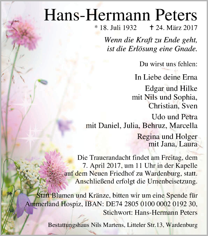  Traueranzeige für Hans-Hermann Peters vom 01.04.2017 aus Nordwest-Zeitung
