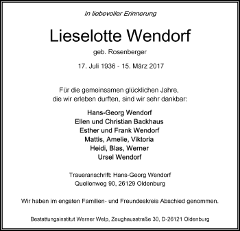 Traueranzeige von Lieselotte Wendorf von Nordwest-Zeitung