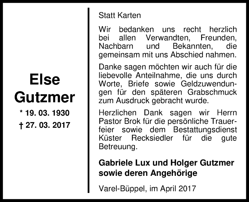  Traueranzeige für Else Gutzmer vom 29.04.2017 aus Nordwest-Zeitung