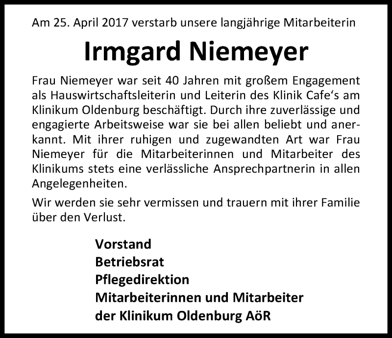  Traueranzeige für Irmgard Niemeyer vom 27.04.2017 aus Nordwest-Zeitung