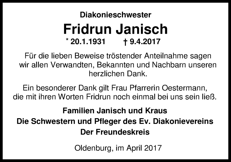  Traueranzeige für Fridrun Janisch vom 29.04.2017 aus Nordwest-Zeitung