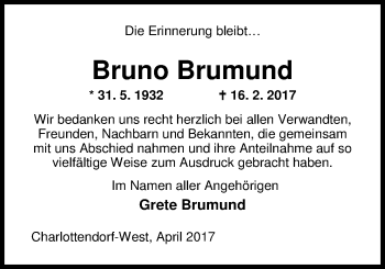 Traueranzeige von Bruno Brumund von Nordwest-Zeitung