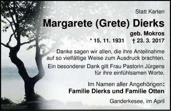 Traueranzeige von Margarete Dierks von Nordwest-Zeitung