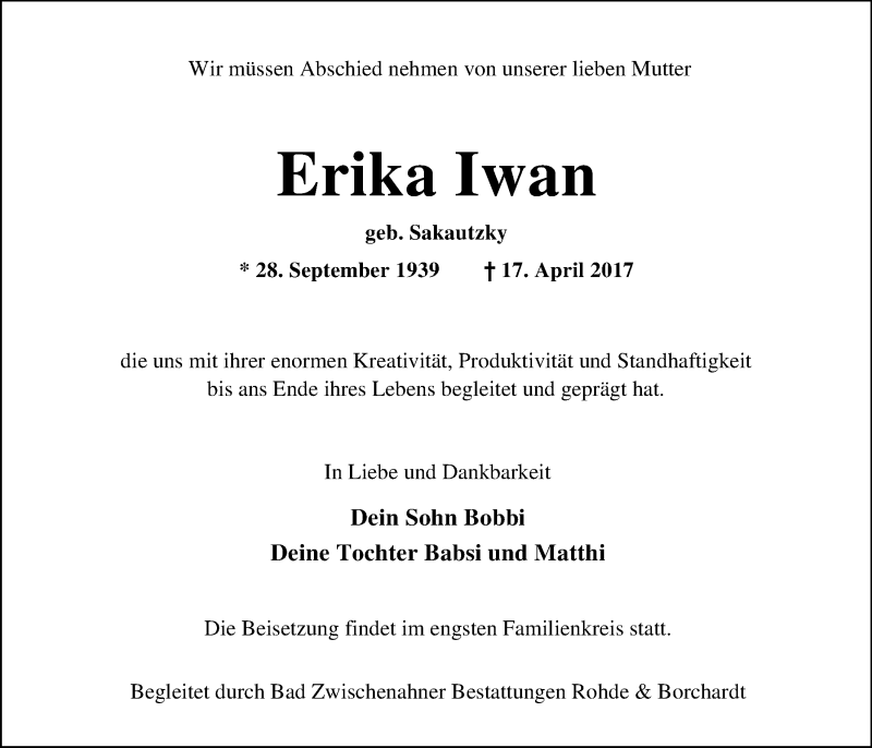  Traueranzeige für Erika Iwan vom 29.04.2017 aus Nordwest-Zeitung