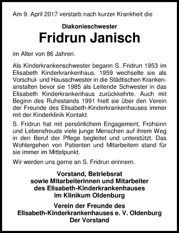 Traueranzeige von Fridrun Janisch von Nordwest-Zeitung