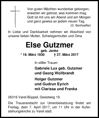 Traueranzeige von Else Gutzmer von Nordwest-Zeitung
