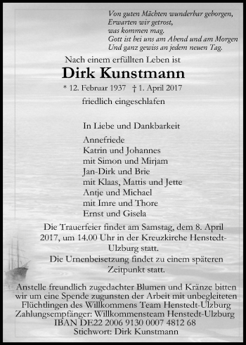 Traueranzeige von Dirk Kunstmann von Nordwest-Zeitung
