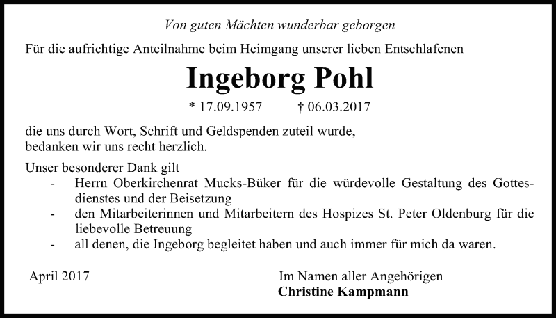  Traueranzeige für Ingeborg Pohl vom 15.04.2017 aus Nordwest-Zeitung