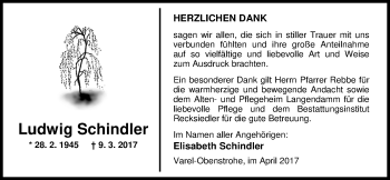 Traueranzeige von Ludwig Schindler von Nordwest-Zeitung