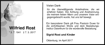 Traueranzeige von Wilfried Rost von Nordwest-Zeitung