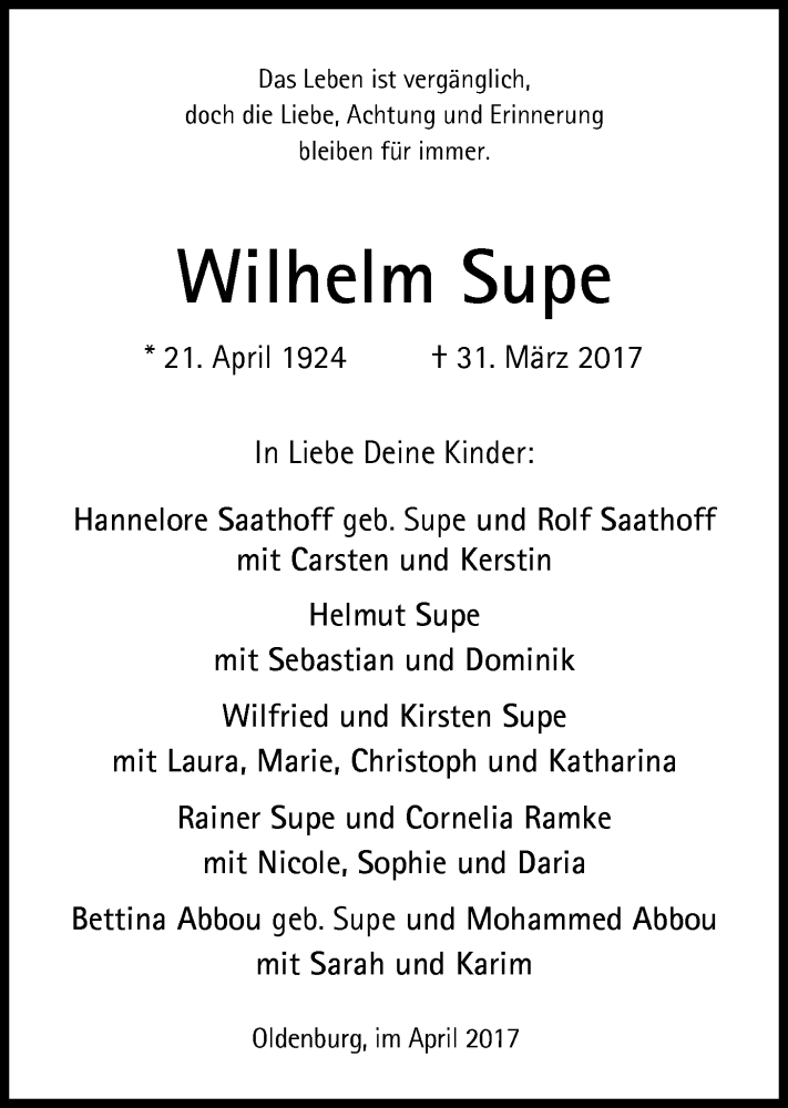  Traueranzeige für Wilhelm Supe vom 06.04.2017 aus Nordwest-Zeitung