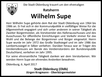 Traueranzeige von Wilhelm Supe von Nordwest-Zeitung