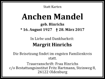 Traueranzeige von Anchen Mandel von Nordwest-Zeitung