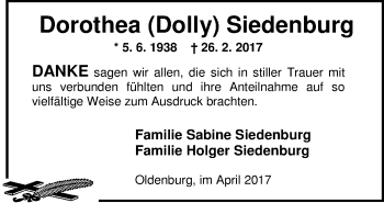 Traueranzeige von Dorothea Siedenburg von Nordwest-Zeitung