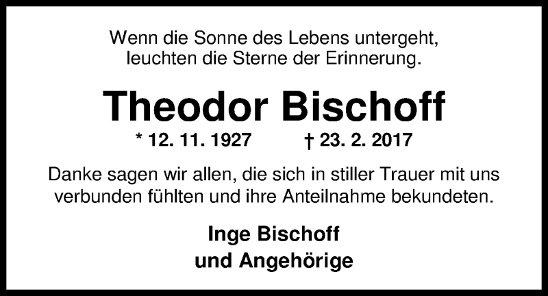  Traueranzeige für Theodor Bischoff vom 01.04.2017 aus Nordwest-Zeitung