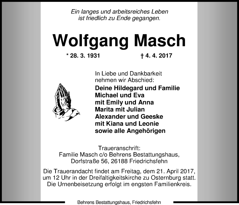  Traueranzeige für Wolfgang Masch vom 15.04.2017 aus Nordwest-Zeitung