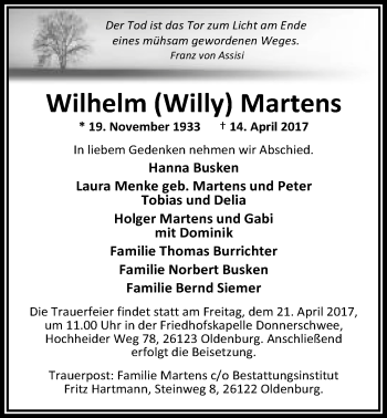 Traueranzeige von Wilhelm Martens von Nordwest-Zeitung
