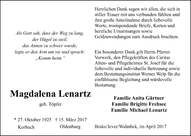  Traueranzeige für Magdalena Lenartz vom 19.04.2017 aus Nordwest-Zeitung