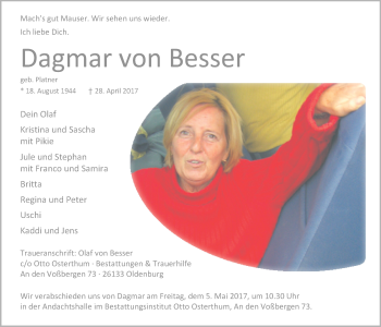 Traueranzeige von Dagmar von Besser von Nordwest-Zeitung