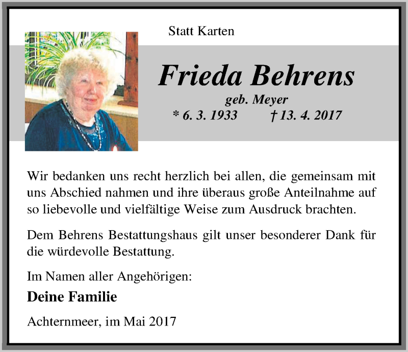  Traueranzeige für Frieda Behrens vom 12.05.2017 aus Nordwest-Zeitung