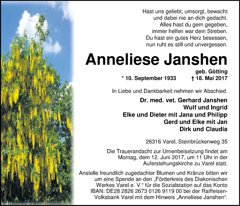  Traueranzeige für Anneliese Janshen vom 26.05.2017 aus Nordwest-Zeitung