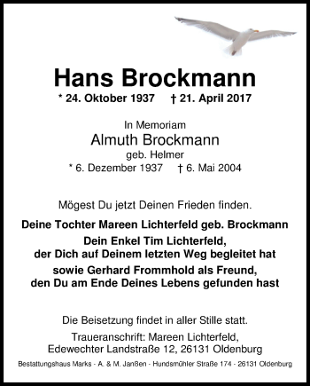 Traueranzeige von Hans Brockmann von Nordwest-Zeitung