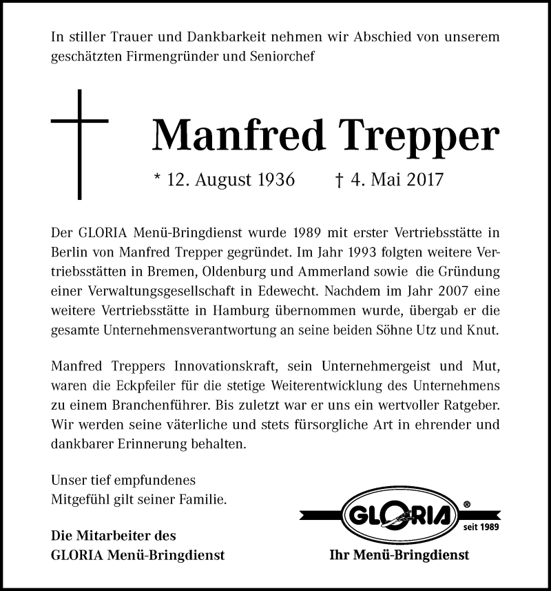  Traueranzeige für Manfred Trepper vom 09.05.2017 aus Nordwest-Zeitung