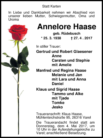 Traueranzeige von Annelore Haase von Nordwest-Zeitung