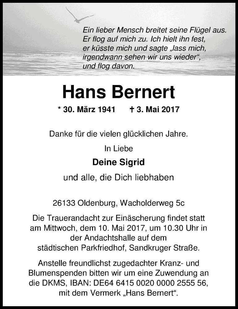  Traueranzeige für Hans Bernert vom 06.05.2017 aus Nordwest-Zeitung