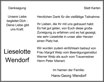 Traueranzeige von Lieselotte Wendorf von Nordwest-Zeitung
