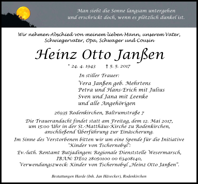  Traueranzeige für Heinz Otto Janßen vom 08.05.2017 aus Nordwest-Zeitung