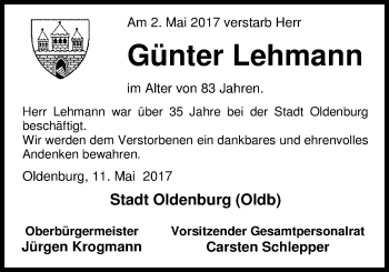 Traueranzeige von Günter Lehmann von Nordwest-Zeitung