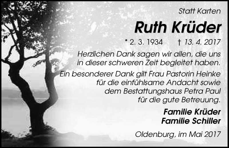  Traueranzeige für Ruth Krüder vom 19.05.2017 aus Nordwest-Zeitung