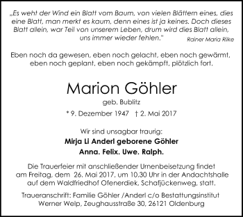 Traueranzeige von Marion Göhler von Nordwest-Zeitung