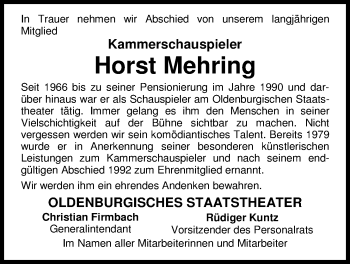 Traueranzeige von Horst Mehring von Nordwest-Zeitung