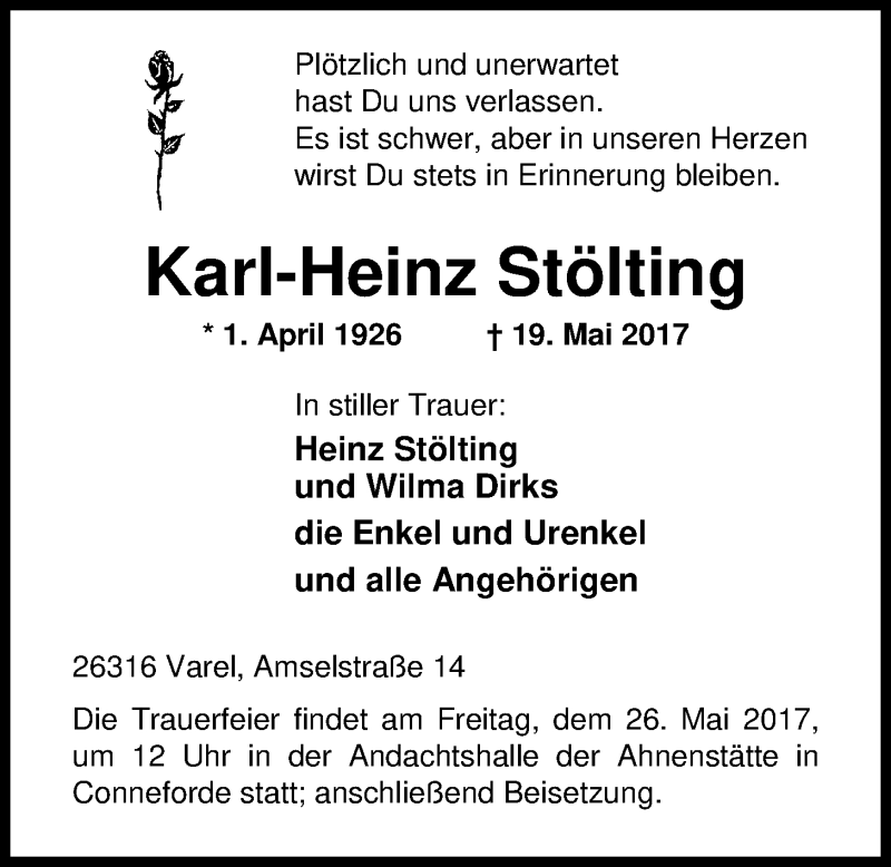  Traueranzeige für Karl-Heinz Stölting vom 22.05.2017 aus Nordwest-Zeitung