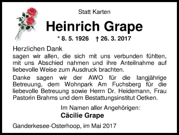 Traueranzeige von Heinrich Grape von Nordwest-Zeitung