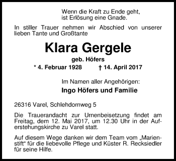 Traueranzeige von Klara Gergele von Nordwest-Zeitung