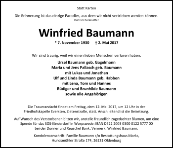 Traueranzeige von Winfried Baumann von Nordwest-Zeitung