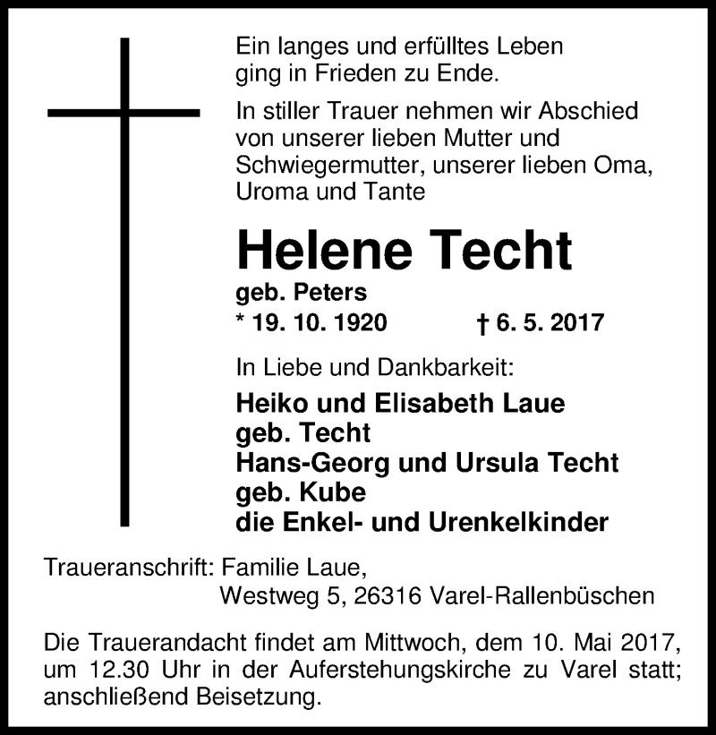  Traueranzeige für Helene Techt vom 08.05.2017 aus Nordwest-Zeitung