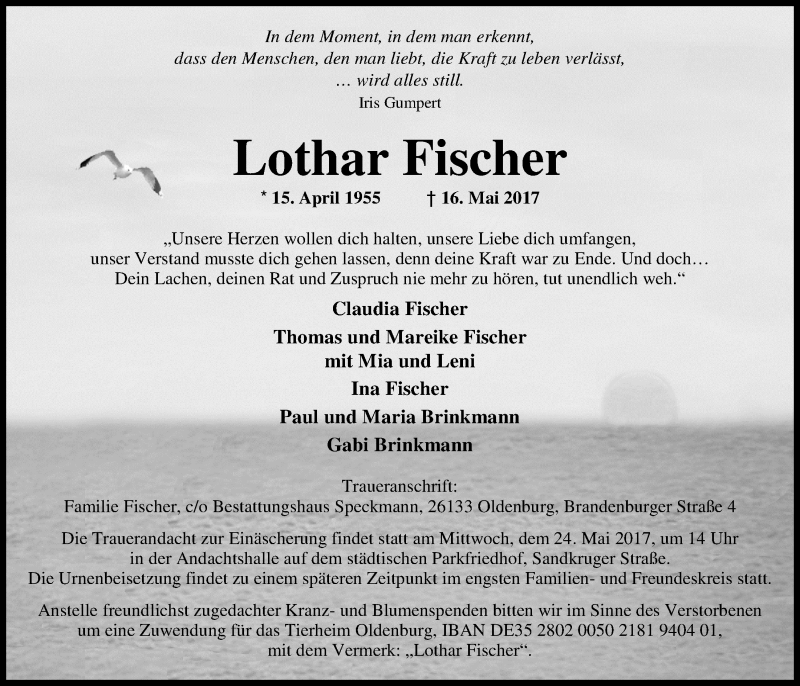  Traueranzeige für Lothar Fischer vom 18.05.2017 aus Nordwest-Zeitung