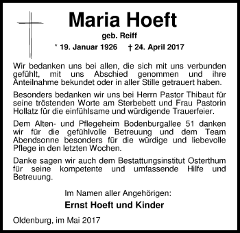Traueranzeige von Maria Hoeft von Nordwest-Zeitung