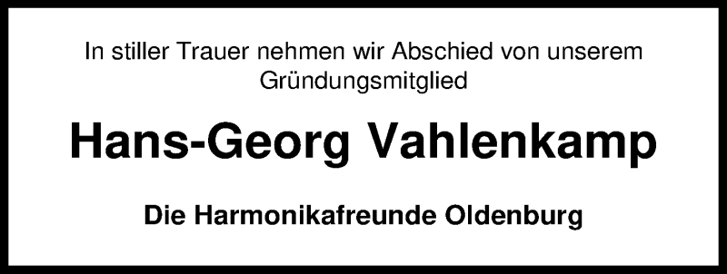  Traueranzeige für Hans-Georg Vahlenkamp vom 13.05.2017 aus Nordwest-Zeitung