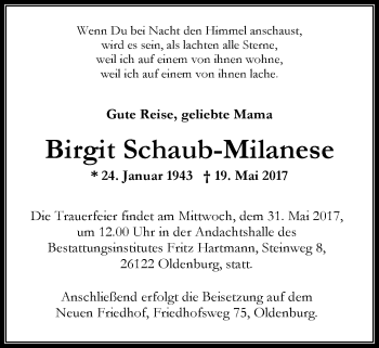 Traueranzeige von Birgit Schaub-Milanese von Nordwest-Zeitung