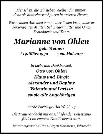 Traueranzeige von Marianne  von Ohlen von Nordwest-Zeitung