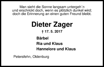 Traueranzeige von Dieter Zager von Nordwest-Zeitung
