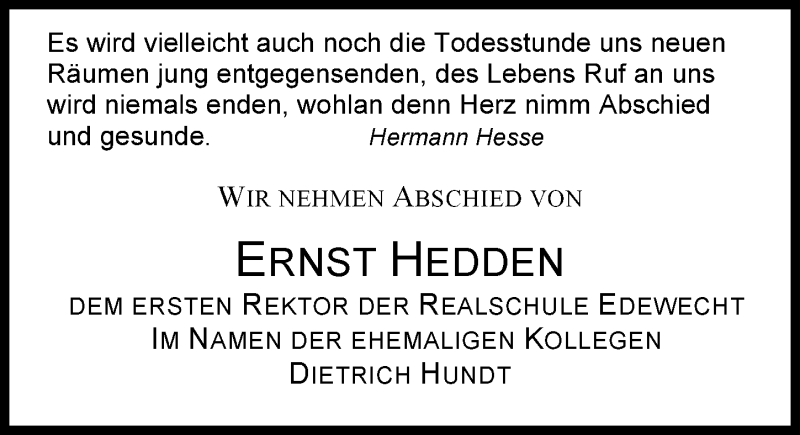  Traueranzeige für Ernst Hedden vom 23.05.2017 aus Nordwest-Zeitung